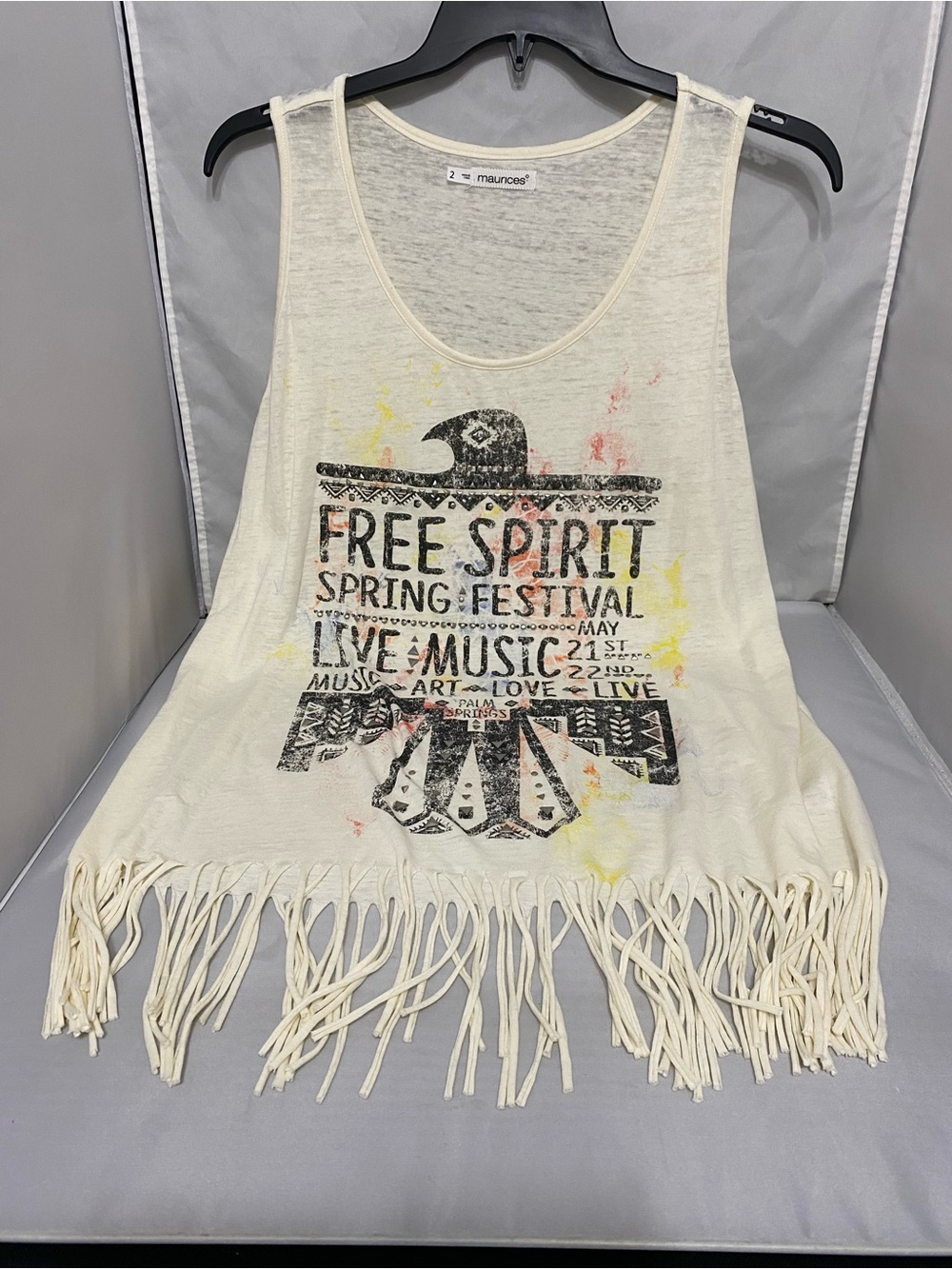 Maurices Cream Tank Top with Fringe & Festival Graphic